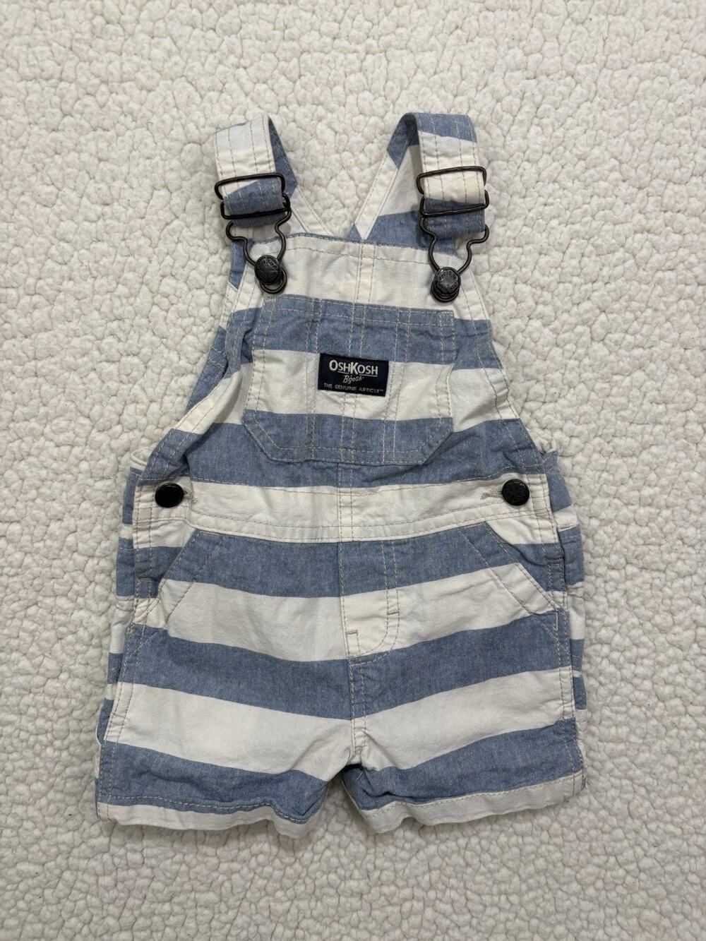OshKosh Shortalls Baby 6 Months Blue White Striped Cotton Dungarees Bib Overalls